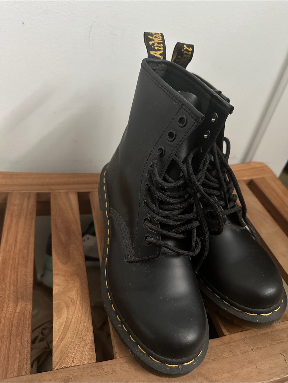 Dr. Martens Black Leather Boots with Yellow Stitching